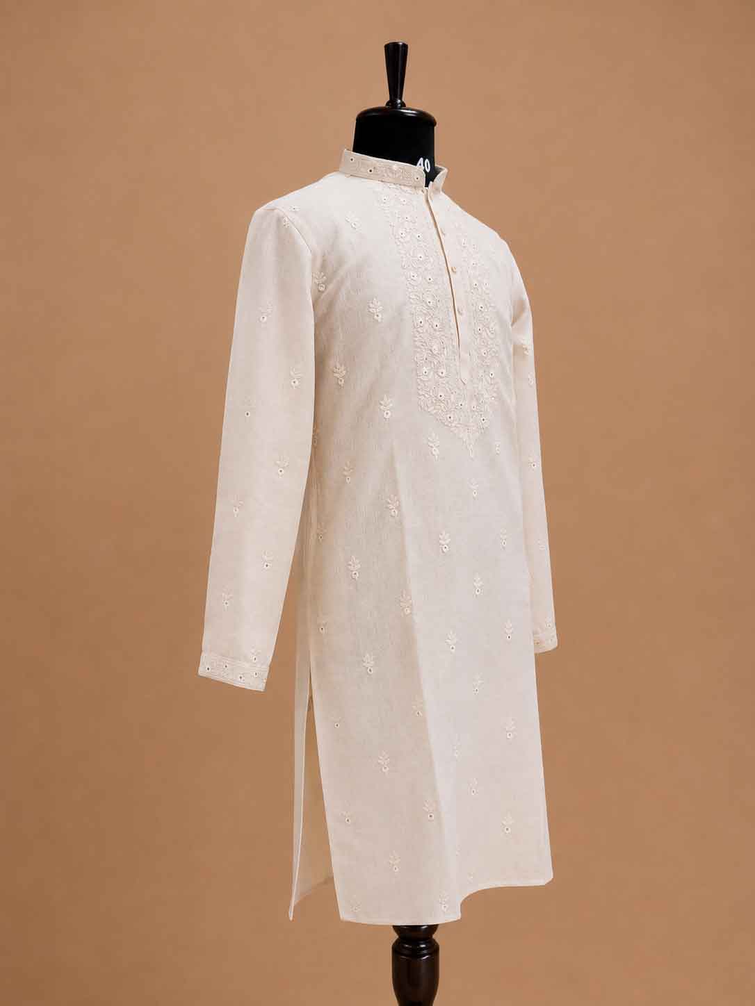 Men’s Cream Embroidered Kurta with White Trousers | Elegant Festive Ethnic Wear