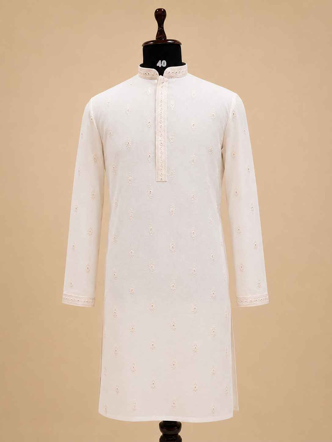 Men’s Cream Embroidered Kurta with White Trousers | Elegant Festive Ethnic Wear