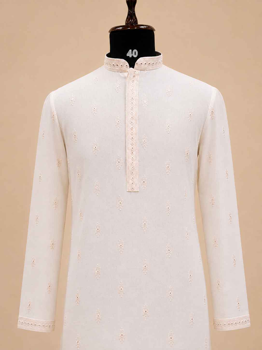 Men’s Cream Embroidered Kurta with White Trousers | Elegant Festive Ethnic Wear