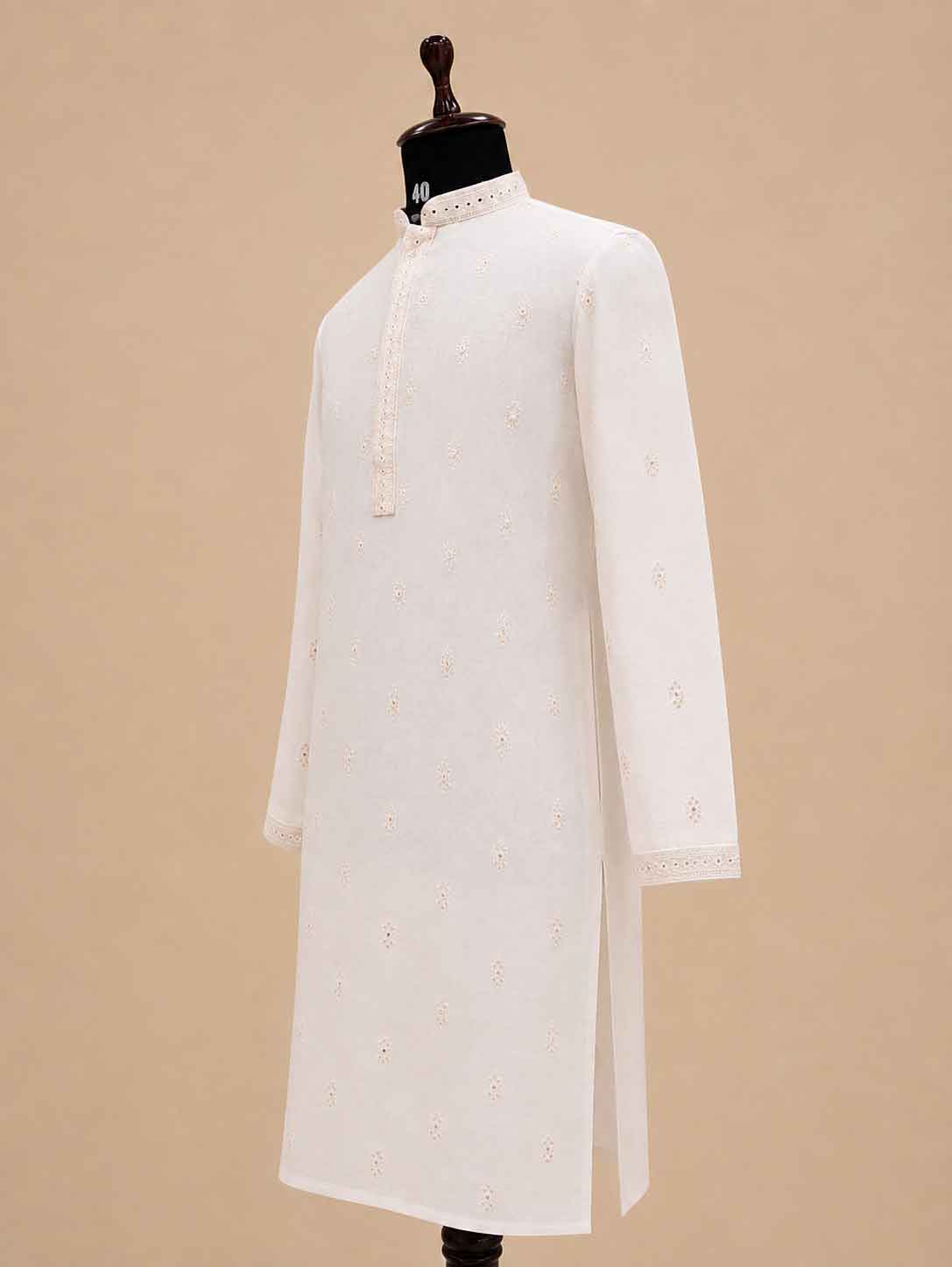 Men’s Cream Embroidered Kurta with White Trousers | Elegant Festive Ethnic Wear