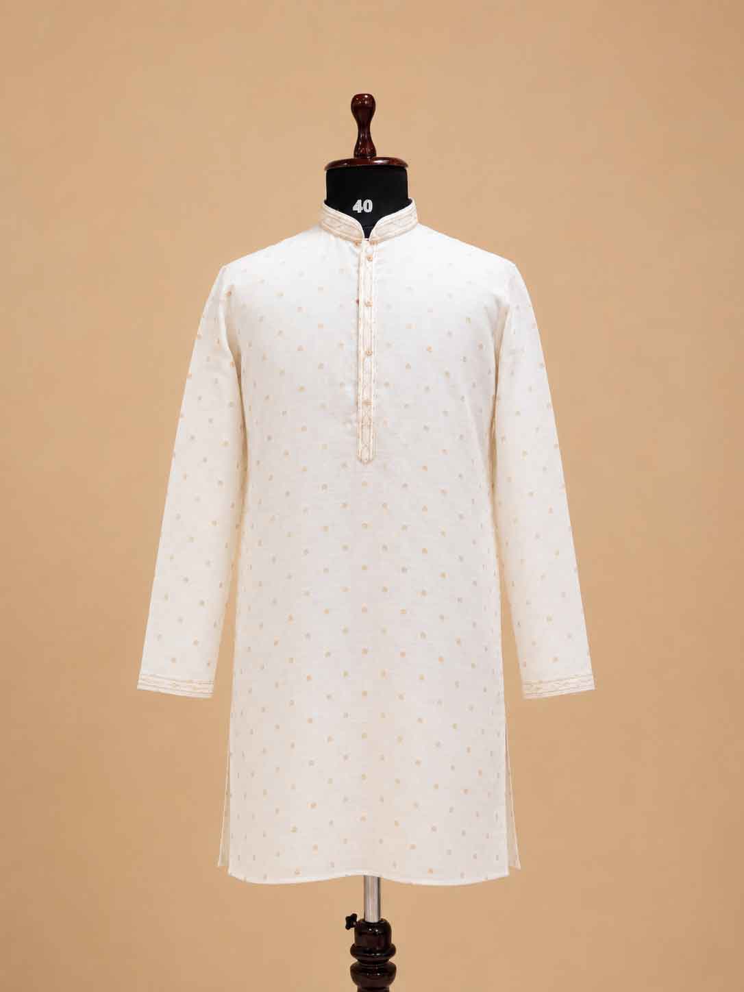 Men’s Cream Printed Kurta with White Trousers | Elegant Festive Ethnic Wear