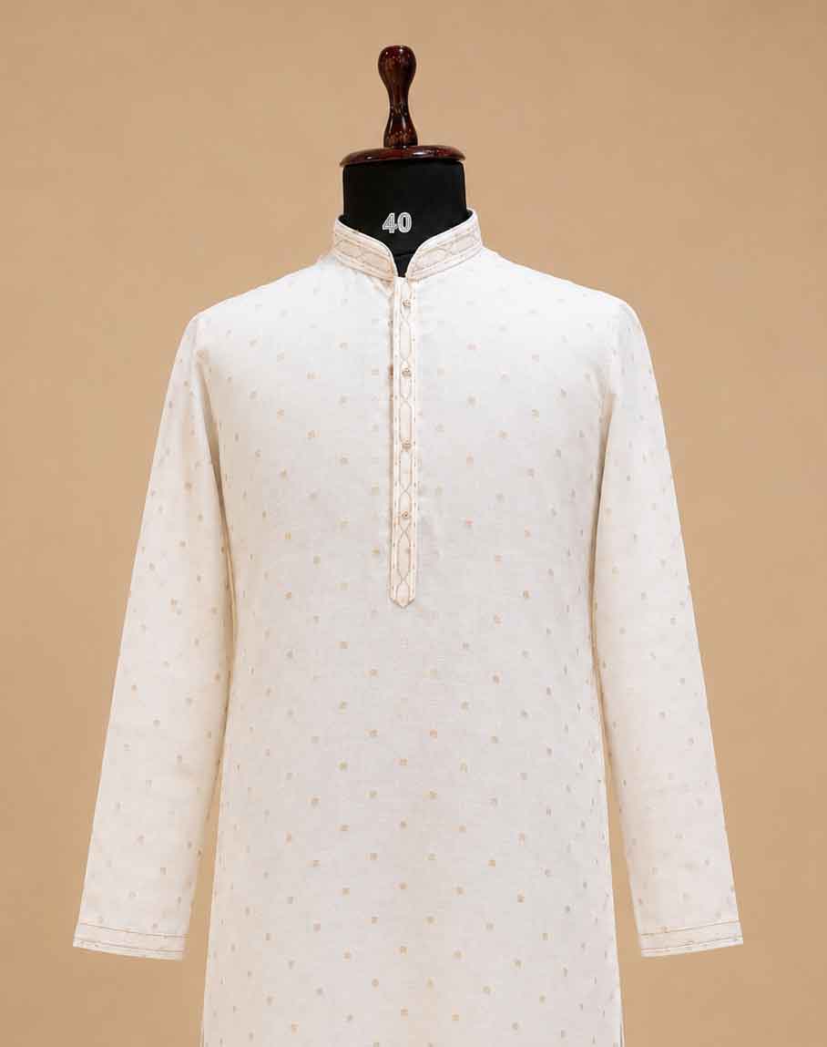 Men’s Cream Printed Kurta with White Trousers | Elegant Festive Ethnic Wear
