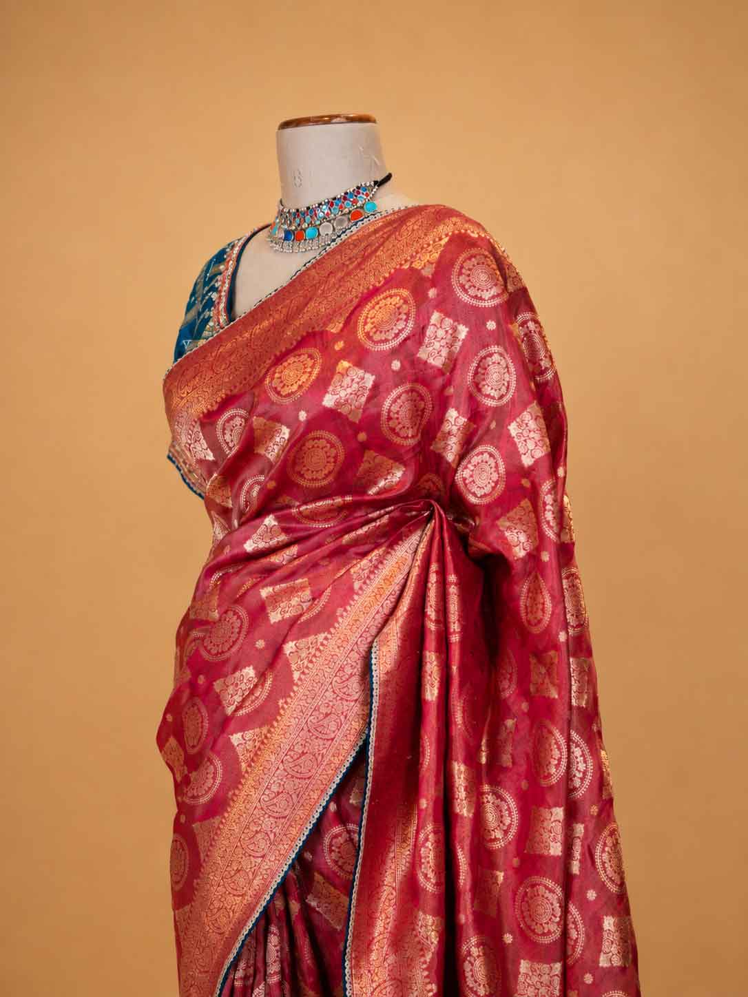 Women’s Rust Saree with Gold Traditional Motifs & Rich Woven Border | Festive Wear