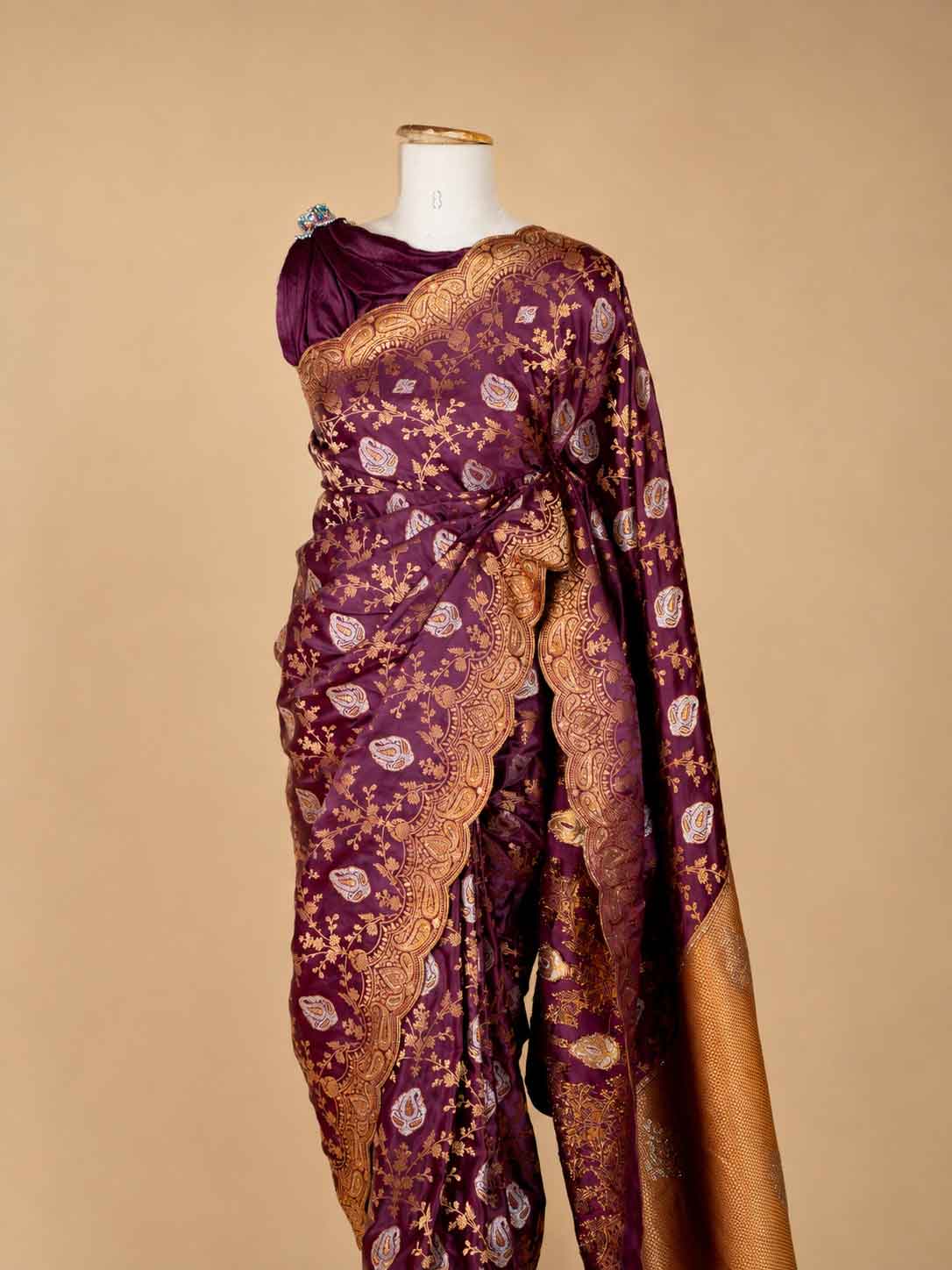 Women’s Purple Printed Saree with Ornate Gold Border | Festive & Wedding Wear