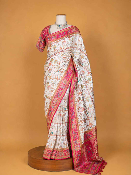 Women’s Cream Saree with Floral Print & Rich Pink Traditional Border | Festive Wear