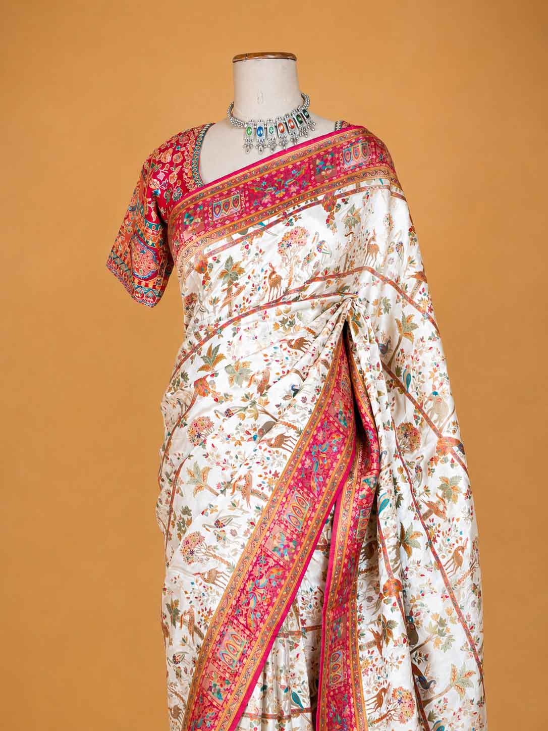 Women’s Cream Saree with Floral Print & Rich Pink Traditional Border | Festive Wear