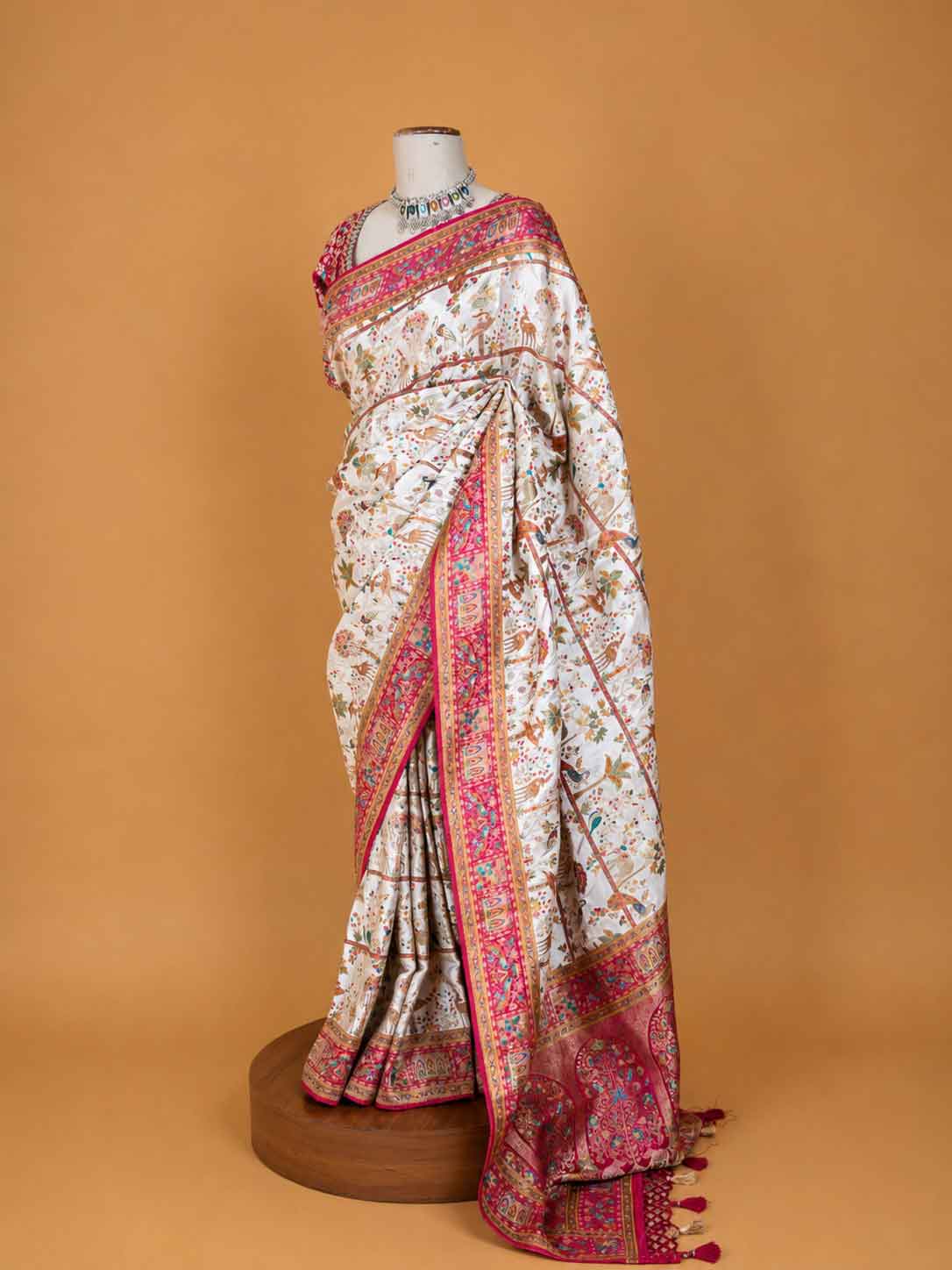 Women’s Cream Saree with Floral Print & Rich Pink Traditional Border | Festive Wear