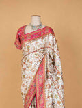Women’s Cream Saree with Floral Print & Rich Pink Traditional Border | Festive Wear