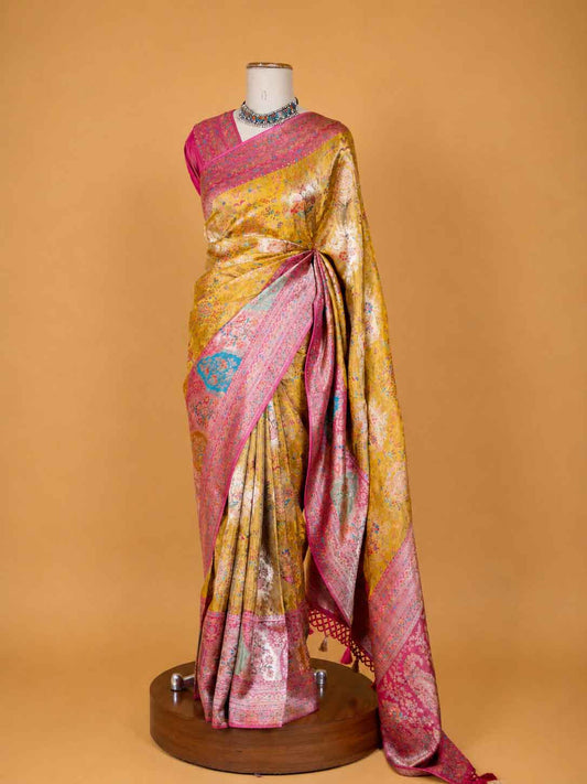 Women’s Yellow Saree with Pink Woven Border & Floral Motifs | Festive Wear