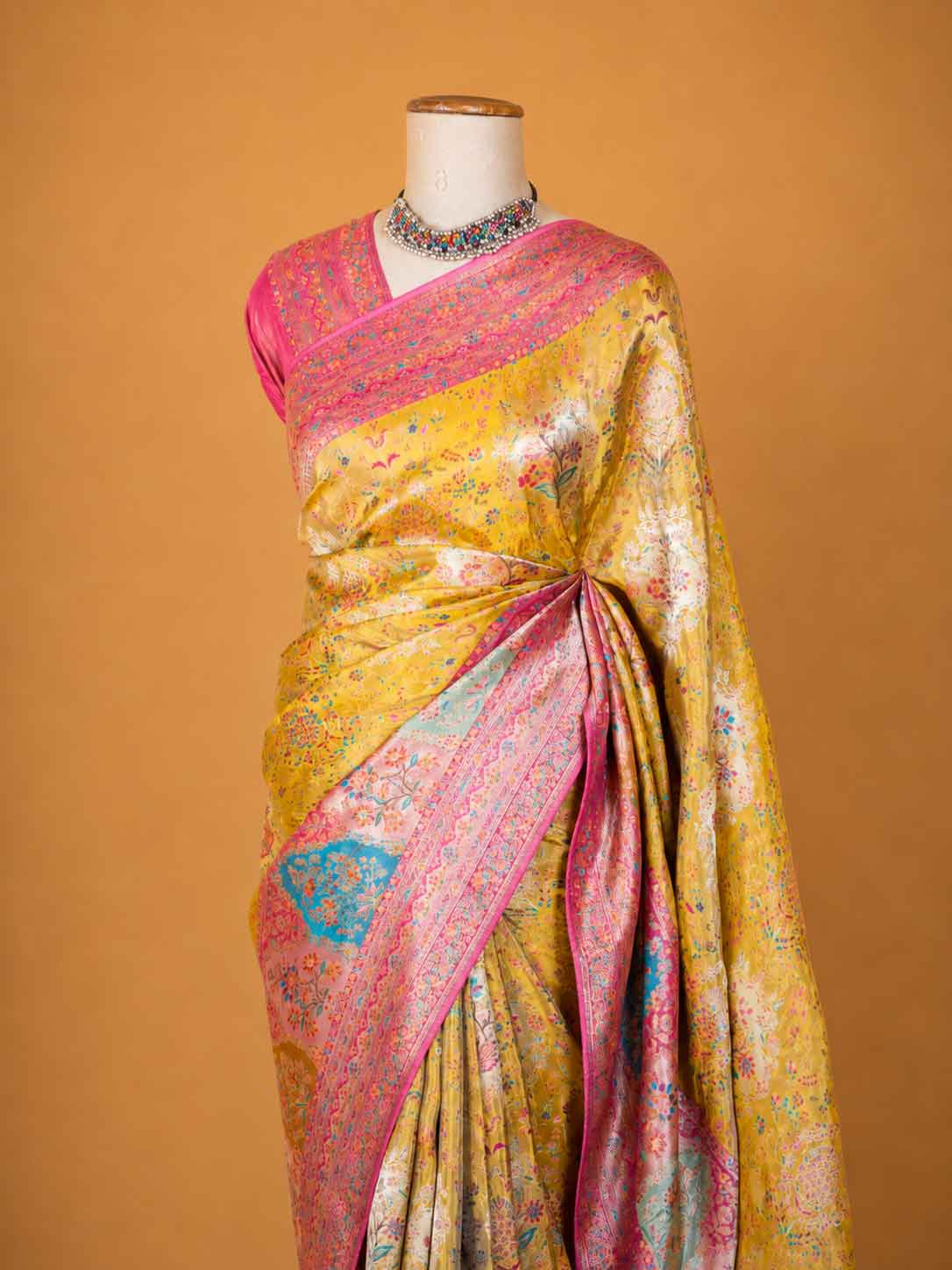 Women’s Yellow Saree with Pink Woven Border & Floral Motifs | Festive Wear