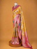 Women’s Yellow Saree with Pink Woven Border & Floral Motifs | Festive Wear