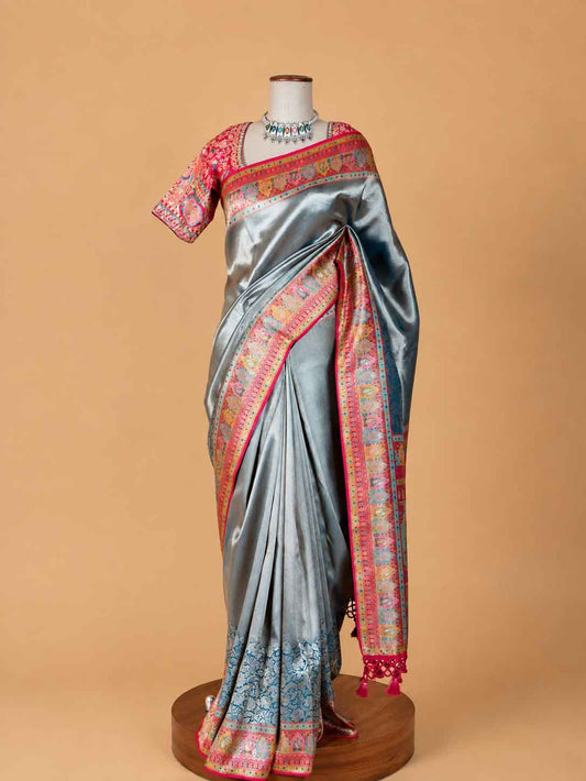 Cream silk saree with multicolour printed border - view 2