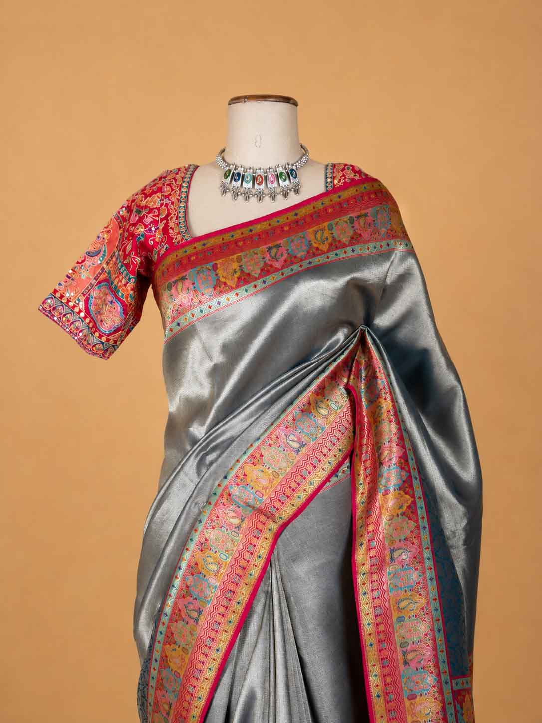 Women’s Cream Silk Saree with Multicolour Printed Border | Festive & Wedding Wear