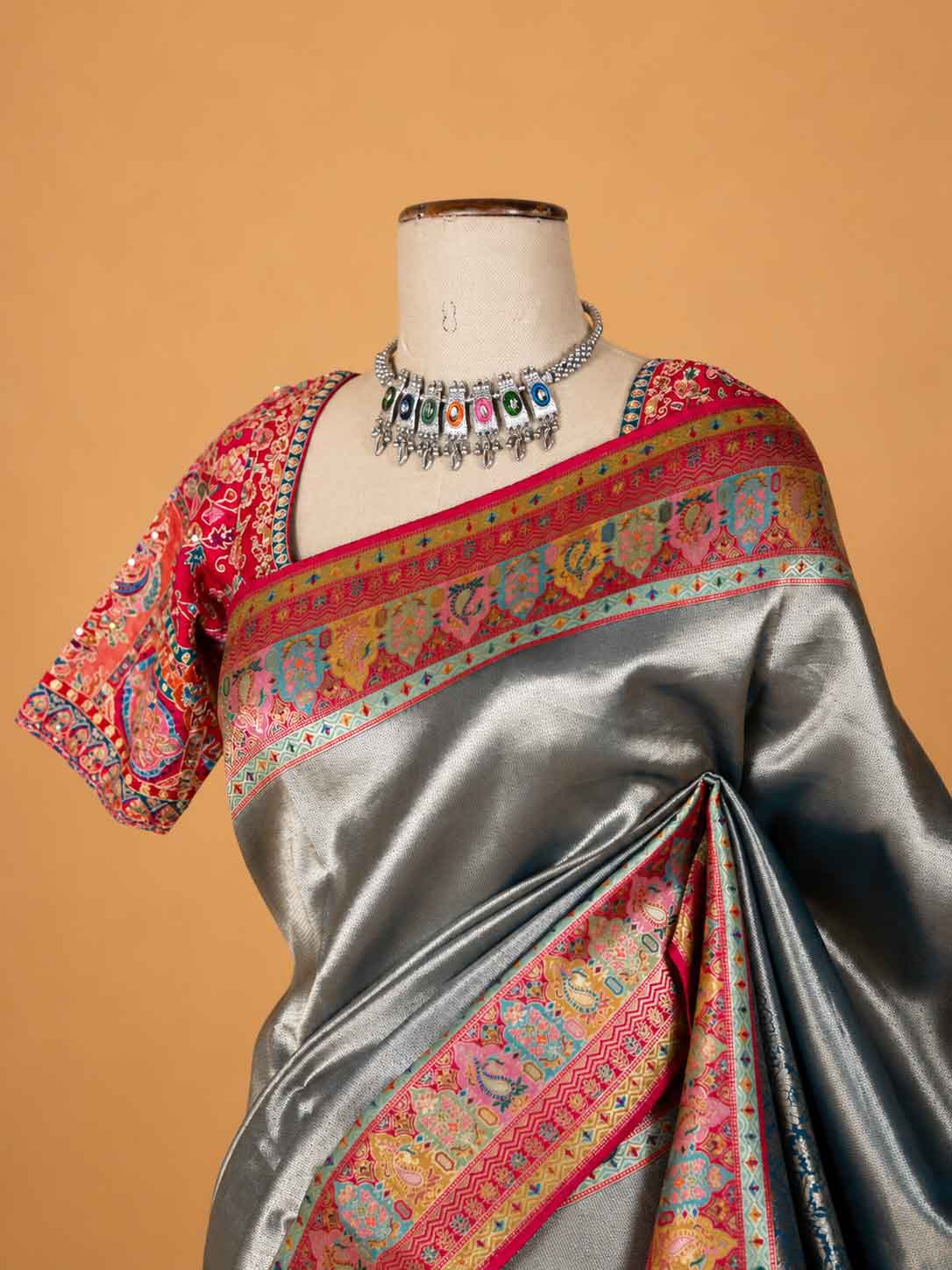 Women’s Cream Silk Saree with Multicolour Printed Border | Festive & Wedding Wear