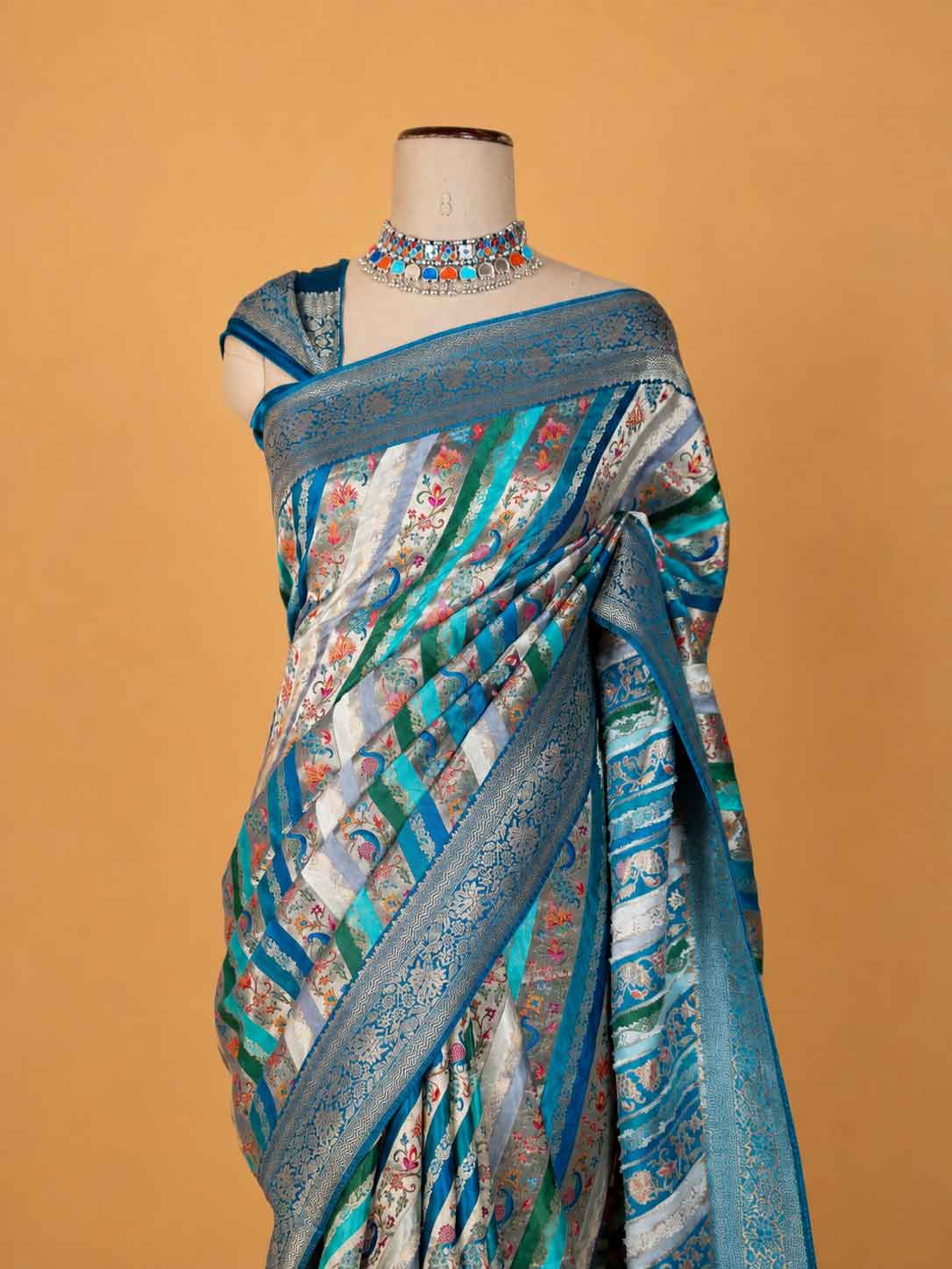 Women’s Green Silk Saree with Blue Multicolour Printed Border | Festive & Wedding Wear