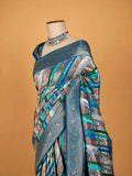 Women’s Green Silk Saree with Blue Multicolour Printed Border | Festive & Wedding Wear