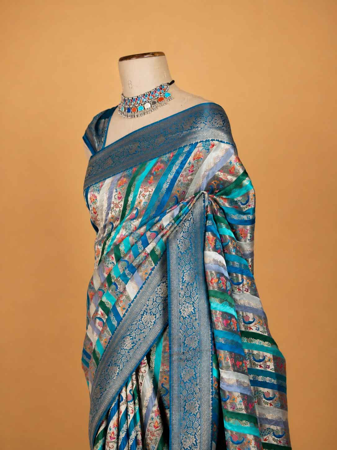 Women’s Green Silk Saree with Blue Multicolour Printed Border | Festive & Wedding Wear