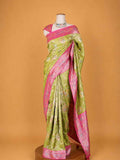 Women’s Green Saree with Pink Woven Border & Floral Motif Print | Festive Wear