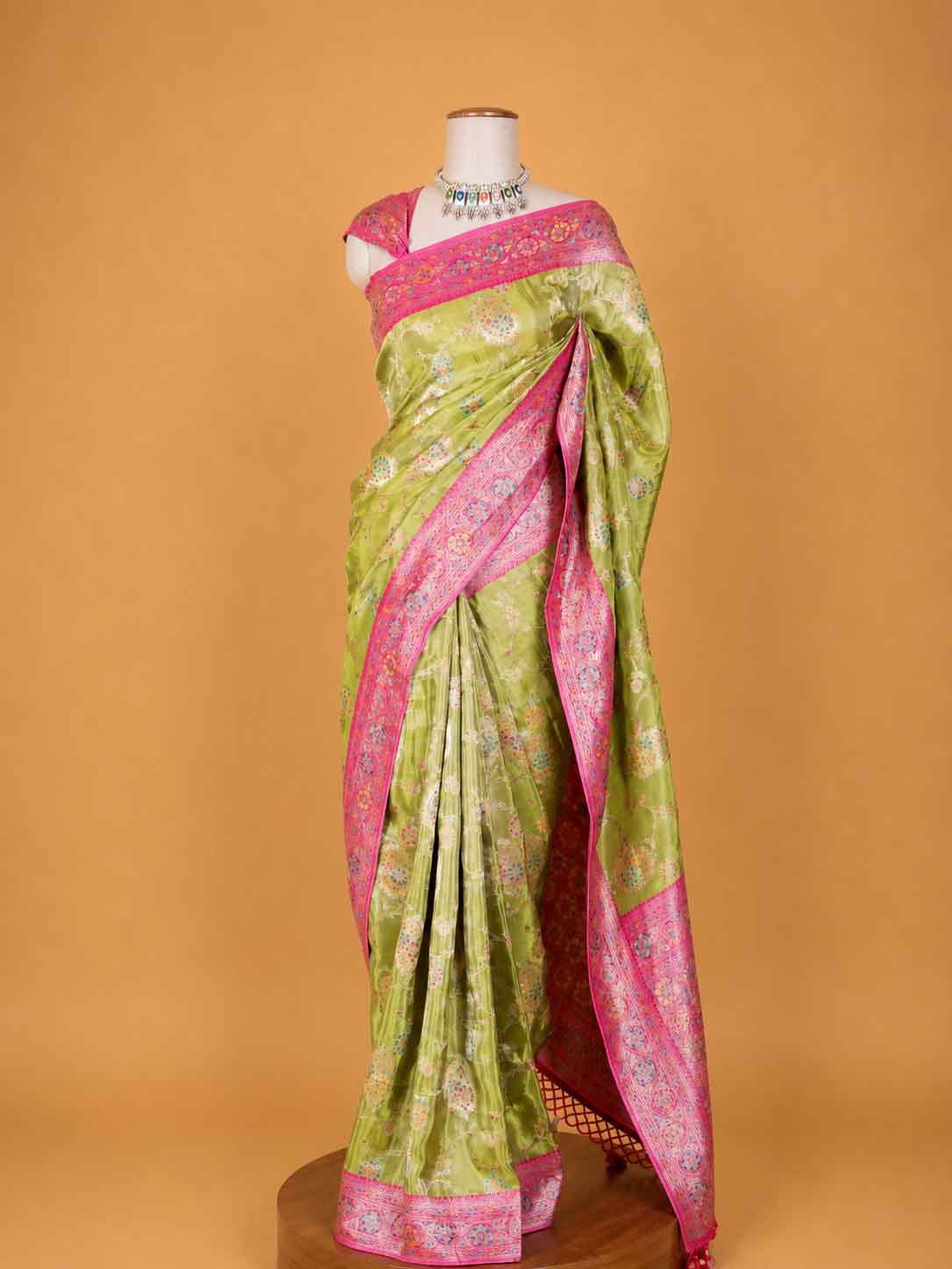 Women’s Green Saree with Pink Woven Border & Floral Motif Print | Festive Wear