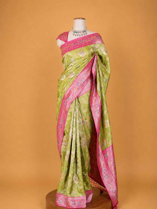 Women’s Green Saree with Pink Woven Border & Floral Motif Print | Festive Wear