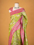 Women’s Green Saree with Pink Woven Border & Floral Motif Print | Festive Wear