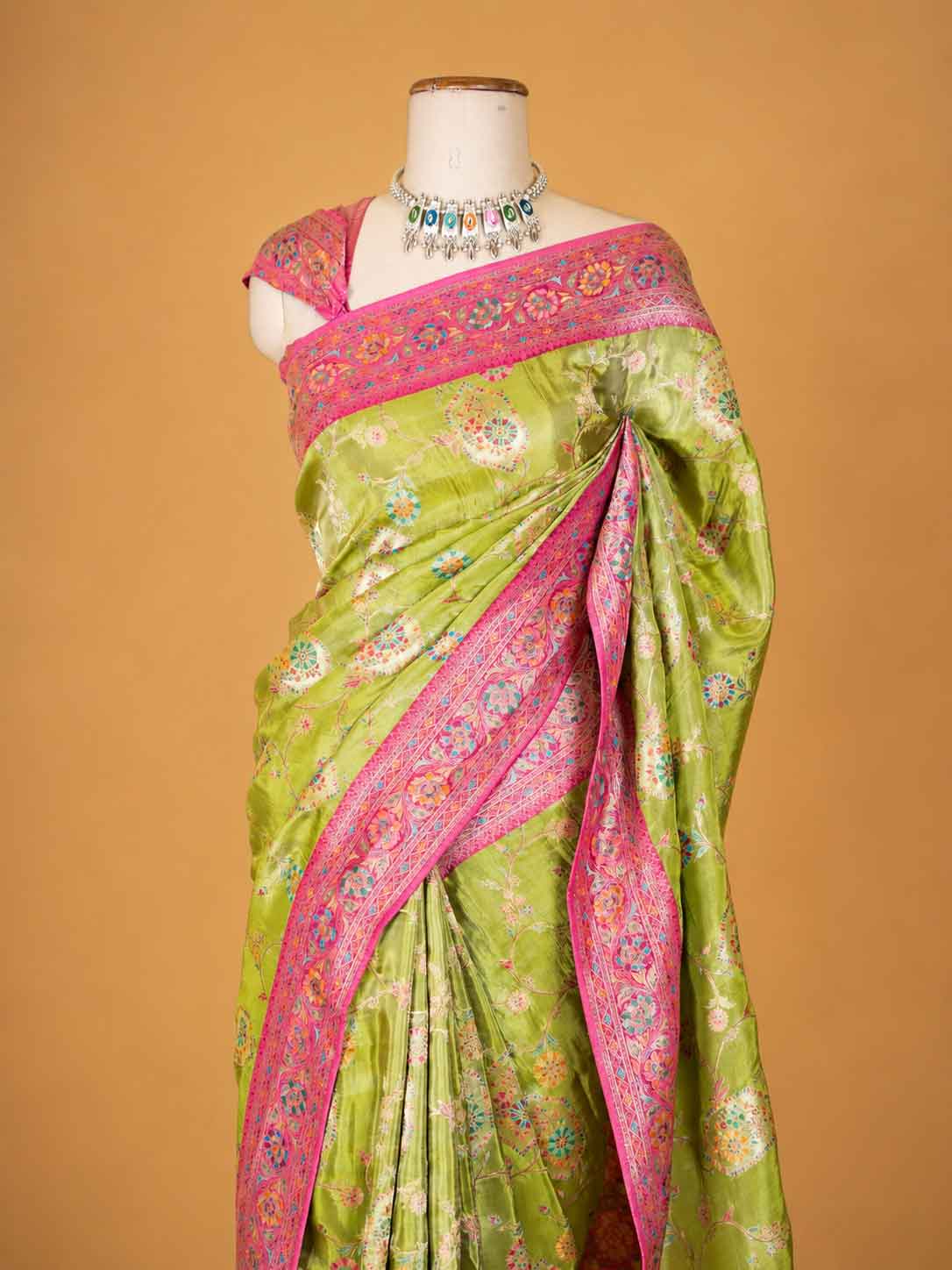 Women’s Green Saree with Pink Woven Border & Floral Motif Print | Festive Wear