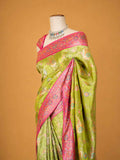 Women’s Green Saree with Pink Woven Border & Floral Motif Print | Festive Wear
