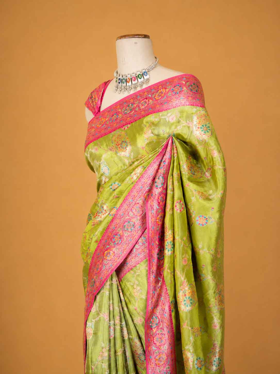 Women’s Green Saree with Pink Woven Border & Floral Motif Print | Festive Wear