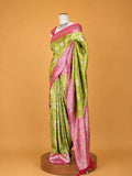 Women’s Green Saree with Pink Woven Border & Floral Motif Print | Festive Wear