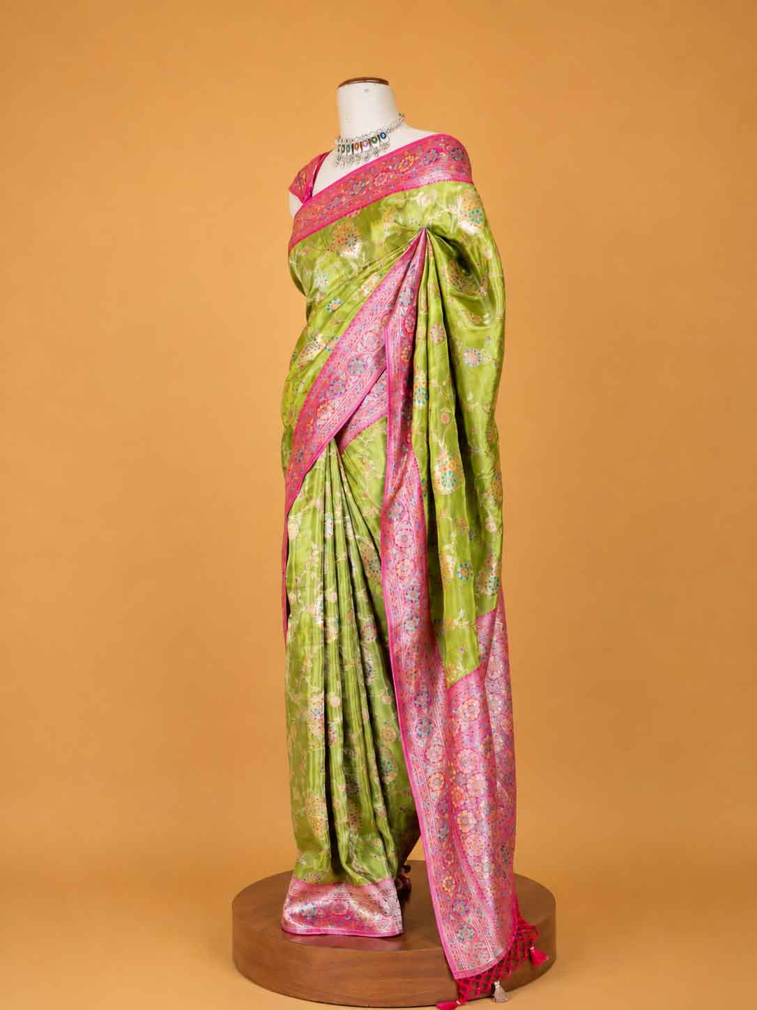 Women’s Green Saree with Pink Woven Border & Floral Motif Print | Festive Wear