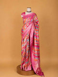 Women’s Pink Silk Saree with Multicolour Printed Stripes & Rich Woven Border | Festive Wear