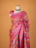Women’s Pink Silk Saree with Multicolour Printed Stripes & Rich Woven Border | Festive Wear