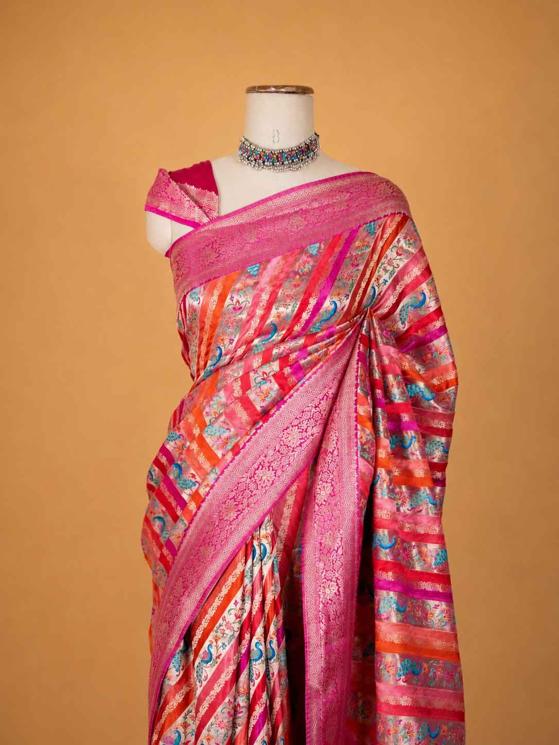 Women’s Pink Silk Saree with Multicolour Printed Stripes & Rich Woven Border | Festive Wear