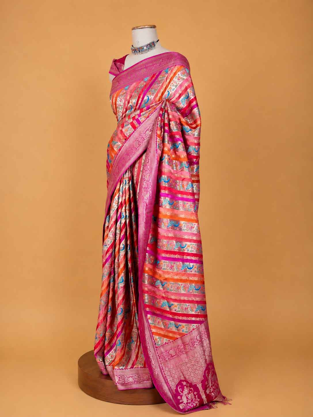 Women’s Pink Silk Saree with Multicolour Printed Stripes & Rich Woven Border | Festive Wear