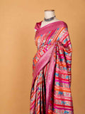 Women’s Pink Silk Saree with Multicolour Printed Stripes & Rich Woven Border | Festive Wear