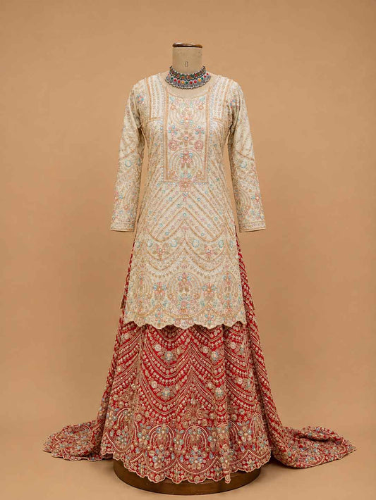 Rani embroidered sharara set with ivory sharara and printed dupatta - view 2