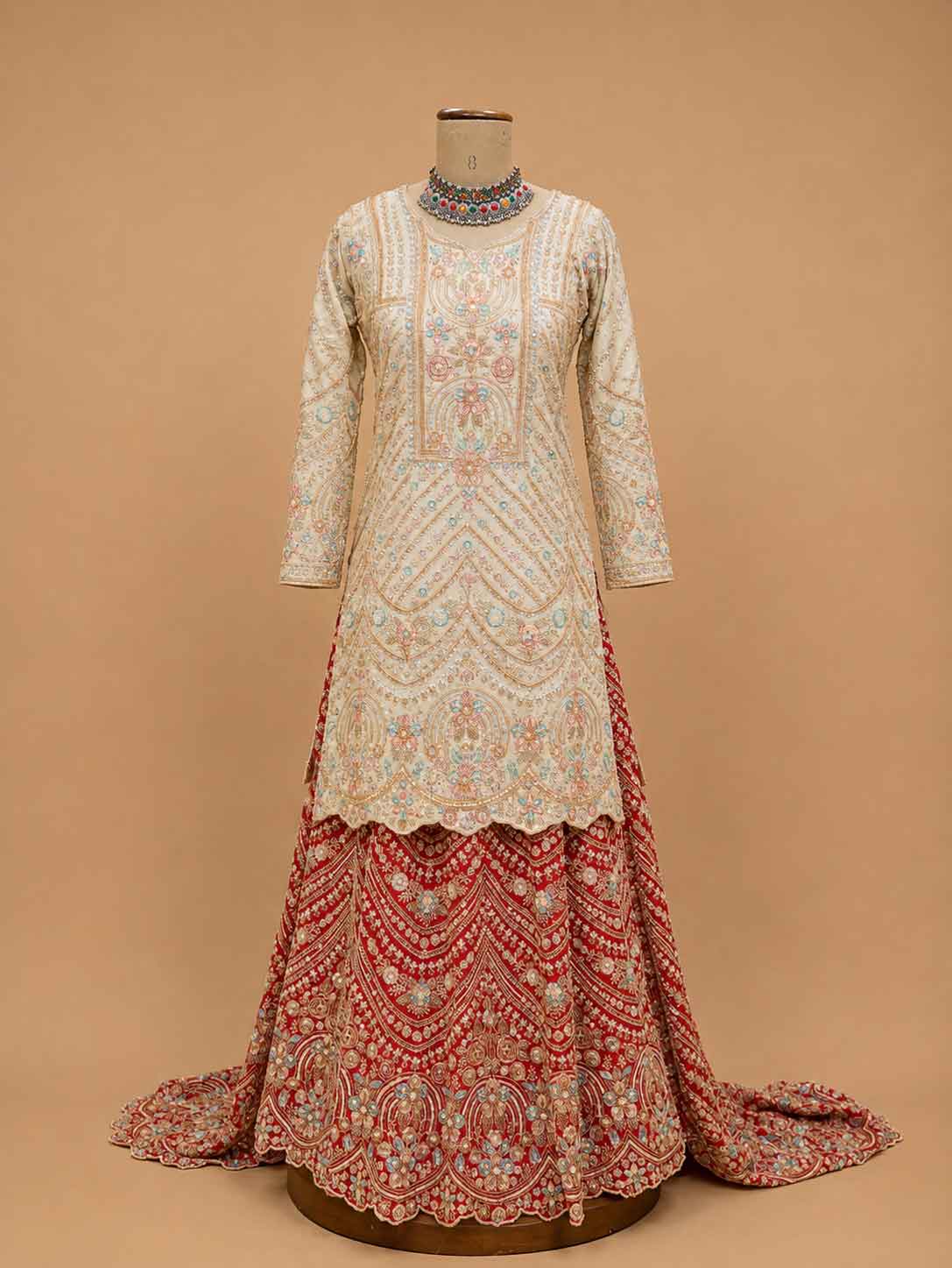 Rust | Rust embroidered sharara set with ivory kurta and dupatta - view 2 | 2