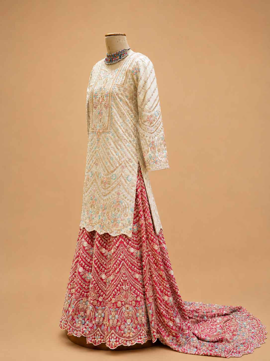 Rust Embroidered Sharara Set with Ivory Kurta & Dupatta | Wedding Wear