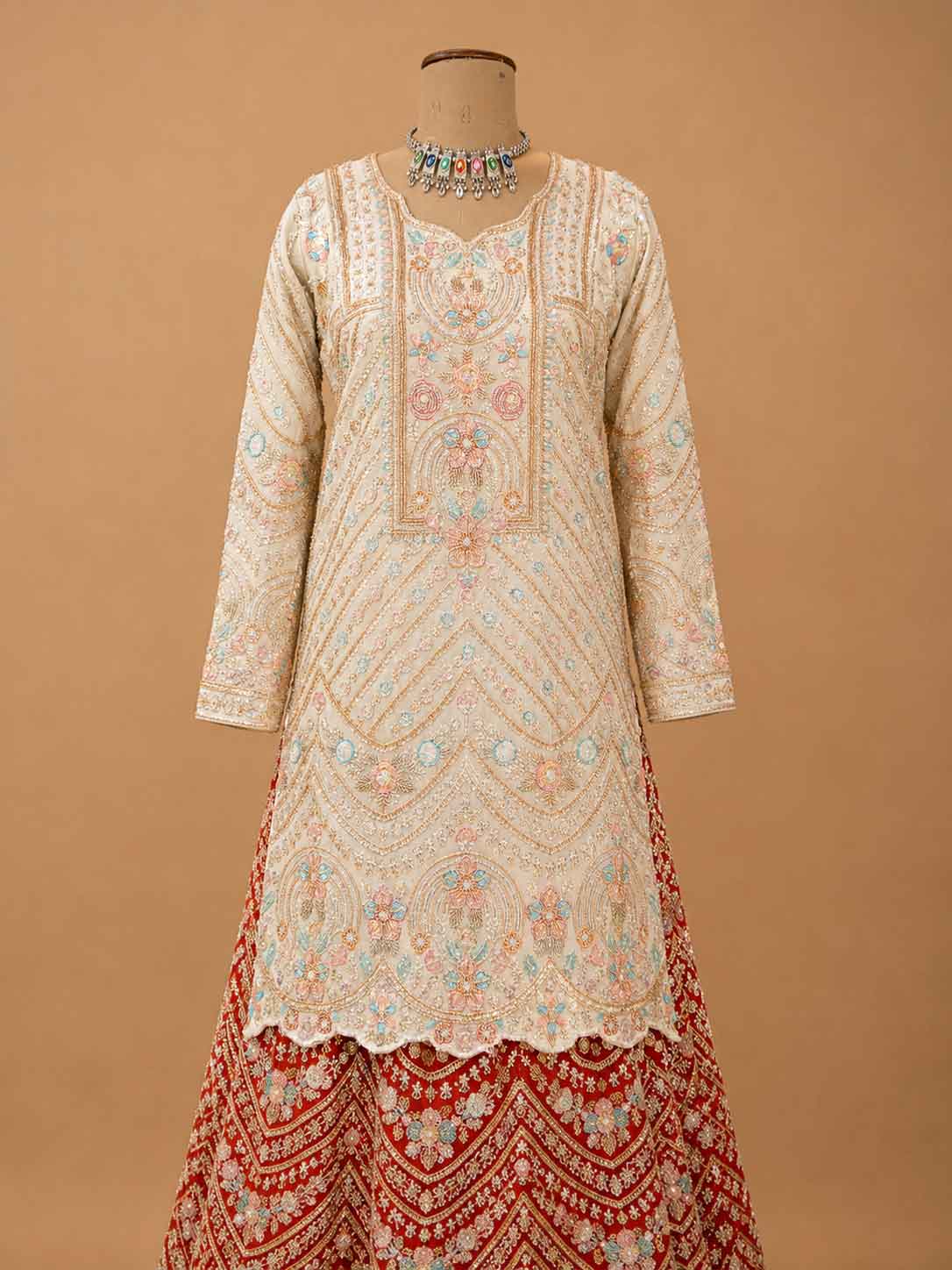 Rani Embroidered Sharara Set with Ivory Kurta & Dupatta | Festive Wedding Wear