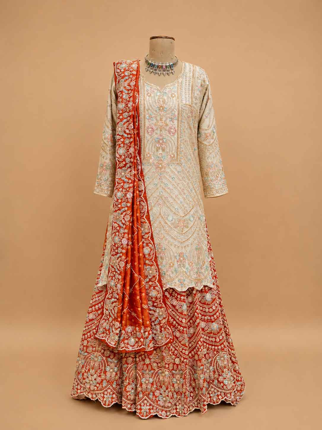 Rani Embroidered Sharara Set with Ivory Kurta & Dupatta | Festive Wedding Wear
