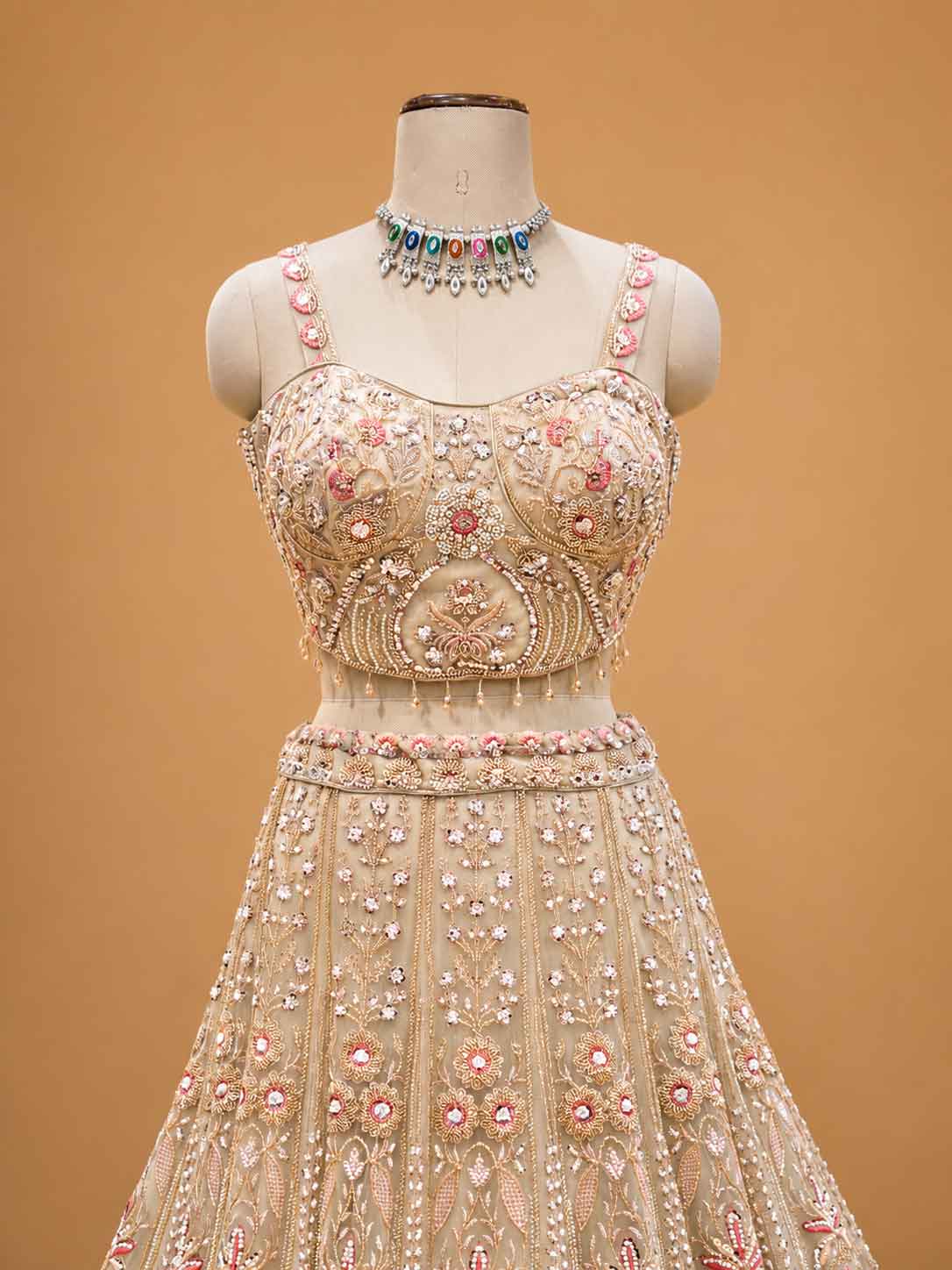 Gold Embroidered Bridal Lehenga with Floral Detailing & Dupatta | Wedding Wear