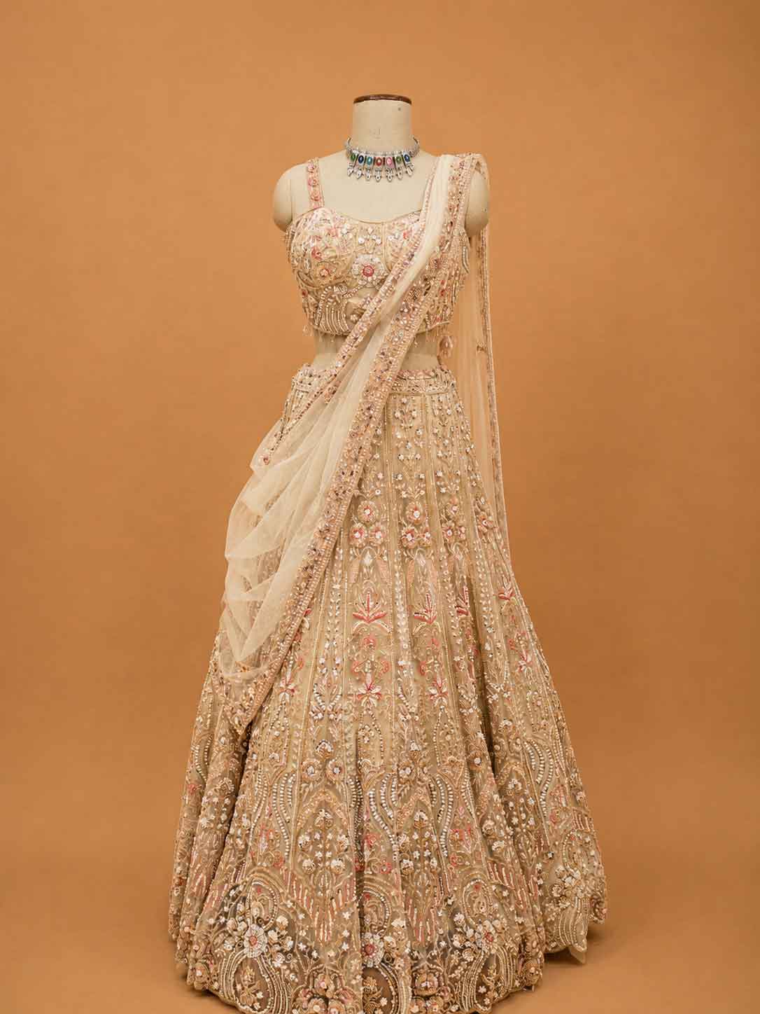 Gold Embroidered Bridal Lehenga with Floral Detailing & Dupatta | Wedding Wear