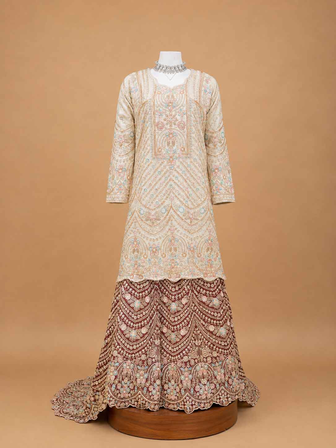 Maroon Embroidered Sharara Set with Ivory Kurta & Printed Dupatta | Wedding Wear