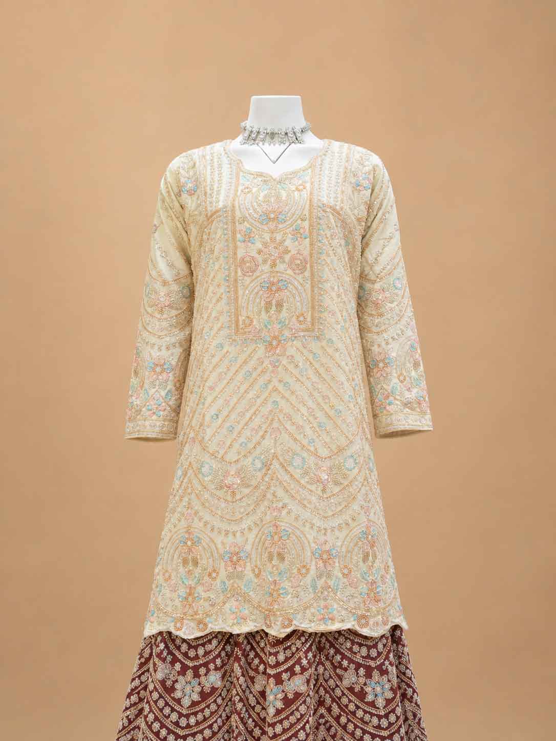 Maroon Embroidered Sharara Set with Ivory Kurta & Printed Dupatta | Wedding Wear