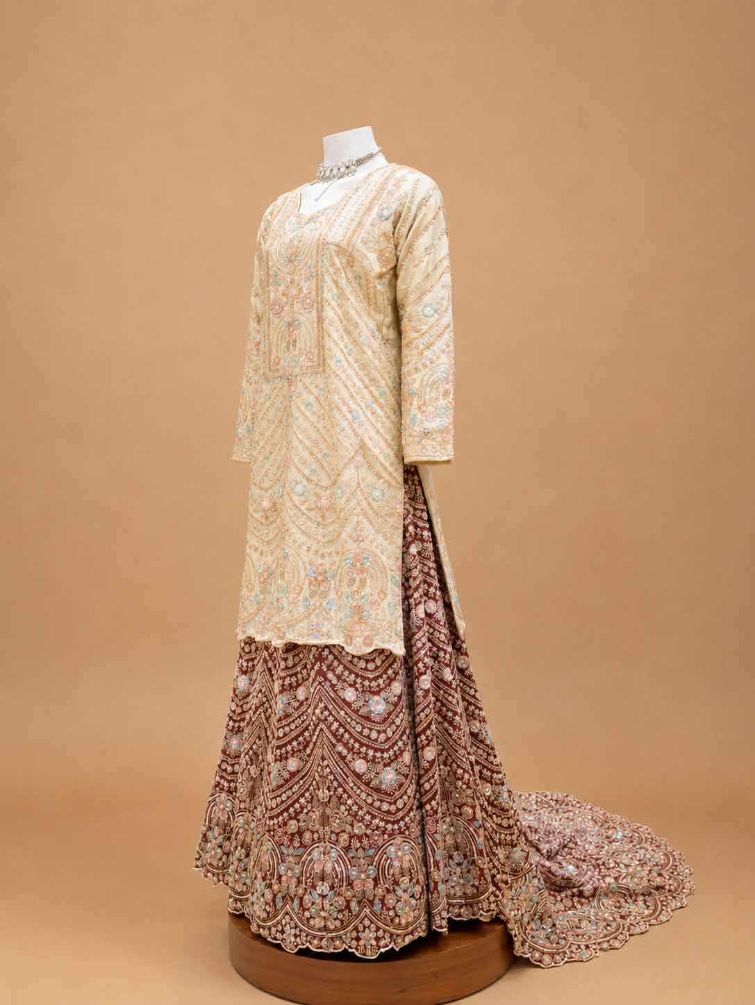 Maroon Embroidered Sharara Set with Ivory Kurta & Printed Dupatta | Wedding Wear