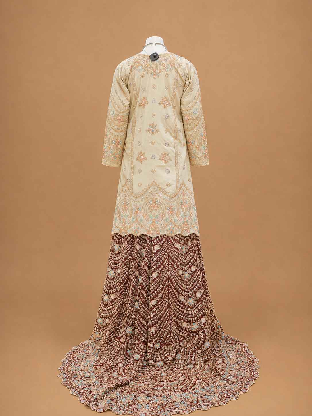 Maroon Embroidered Sharara Set with Ivory Kurta & Printed Dupatta | Wedding Wear