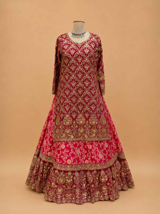 Rani embroidered bridal lehenga with gold detailing and dupatta - view 2
