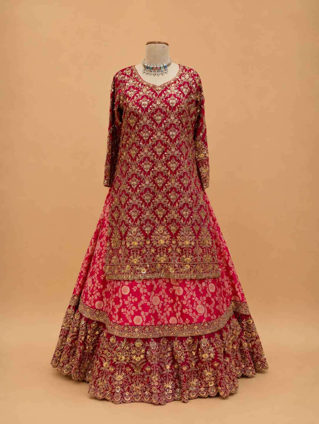 Rani Embroidered Lehenga Set with Gold Detailing & Dupatta | Bridal & Wedding Wear