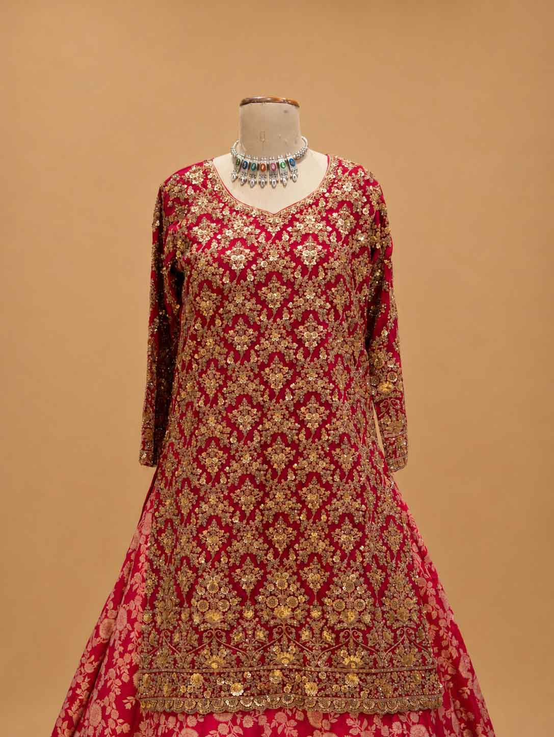 Rani Embroidered Lehenga Set with Gold Detailing & Dupatta | Bridal & Wedding Wear