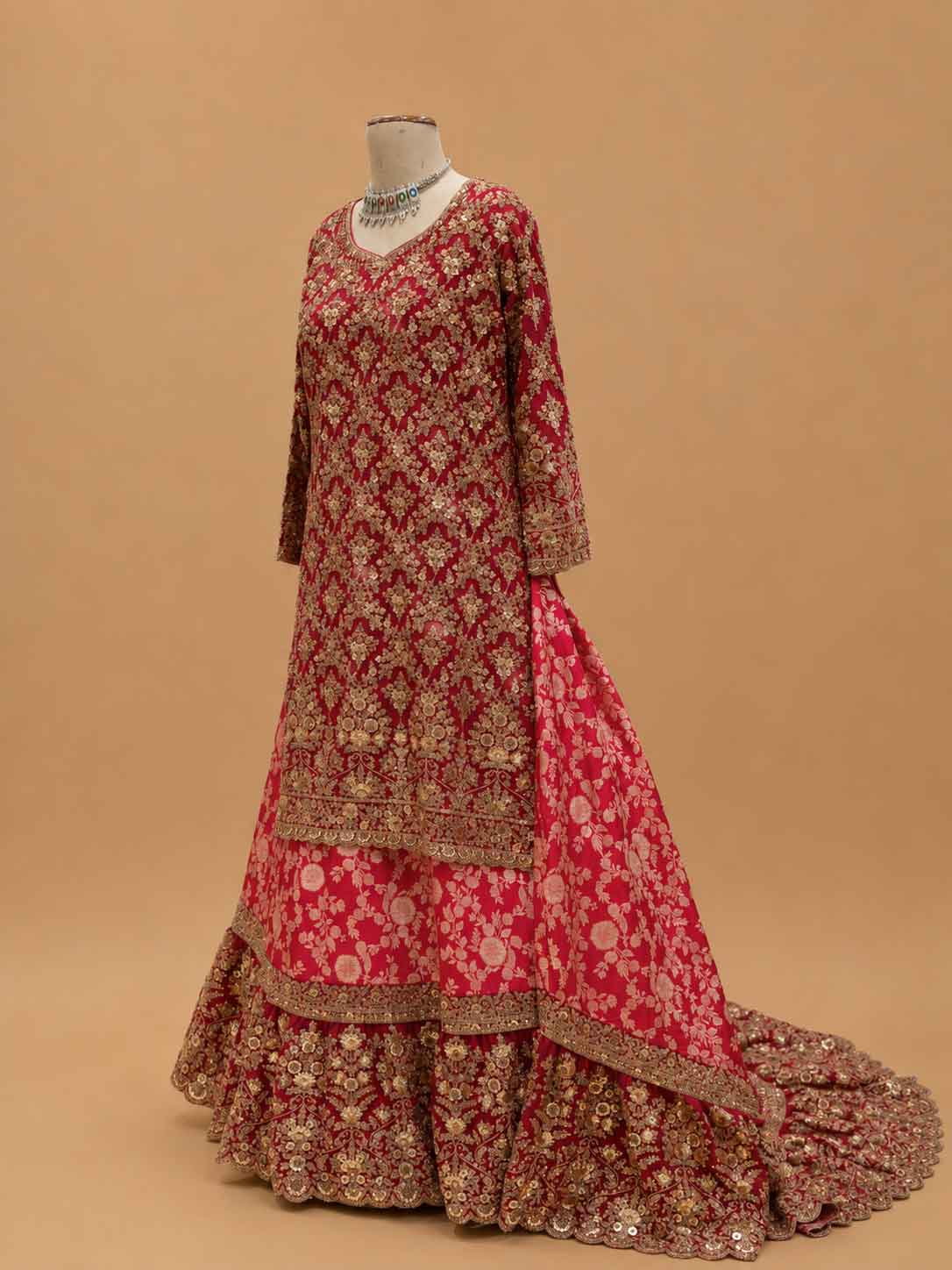 Rani Embroidered Lehenga Set with Gold Detailing & Dupatta | Bridal & Wedding Wear